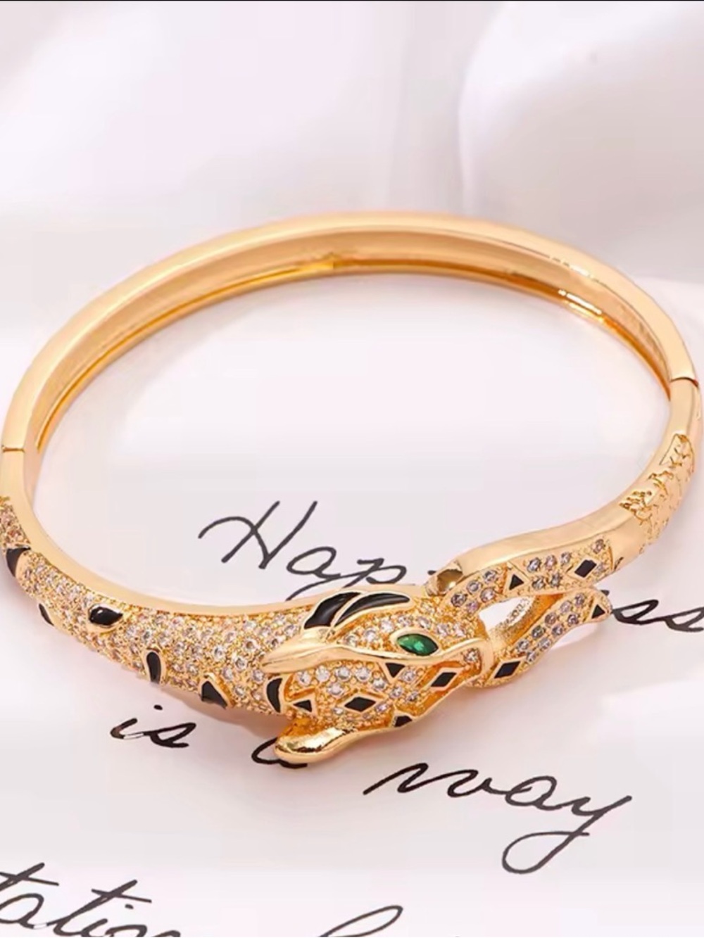 Gold Leopard Head Crystal Bangle Bracelet - Women Jewelry
